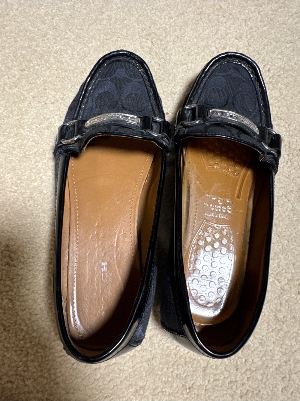 Coach Black Women's Slip-On Loafers with Silver Buckle